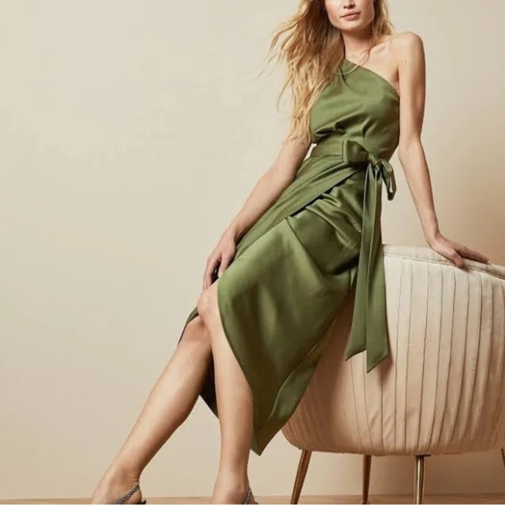 Ted Baker Gabie Tie Waist One Shoulder Satin Green Dress Size 5